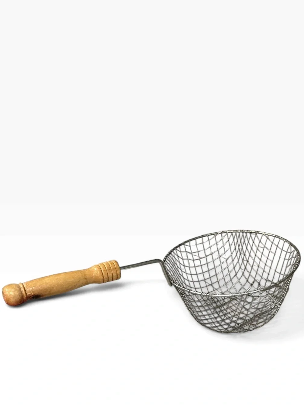 Vintage Wire Mesh Fry Basket Strainer Wood Handle Pot Rest Hook 14”